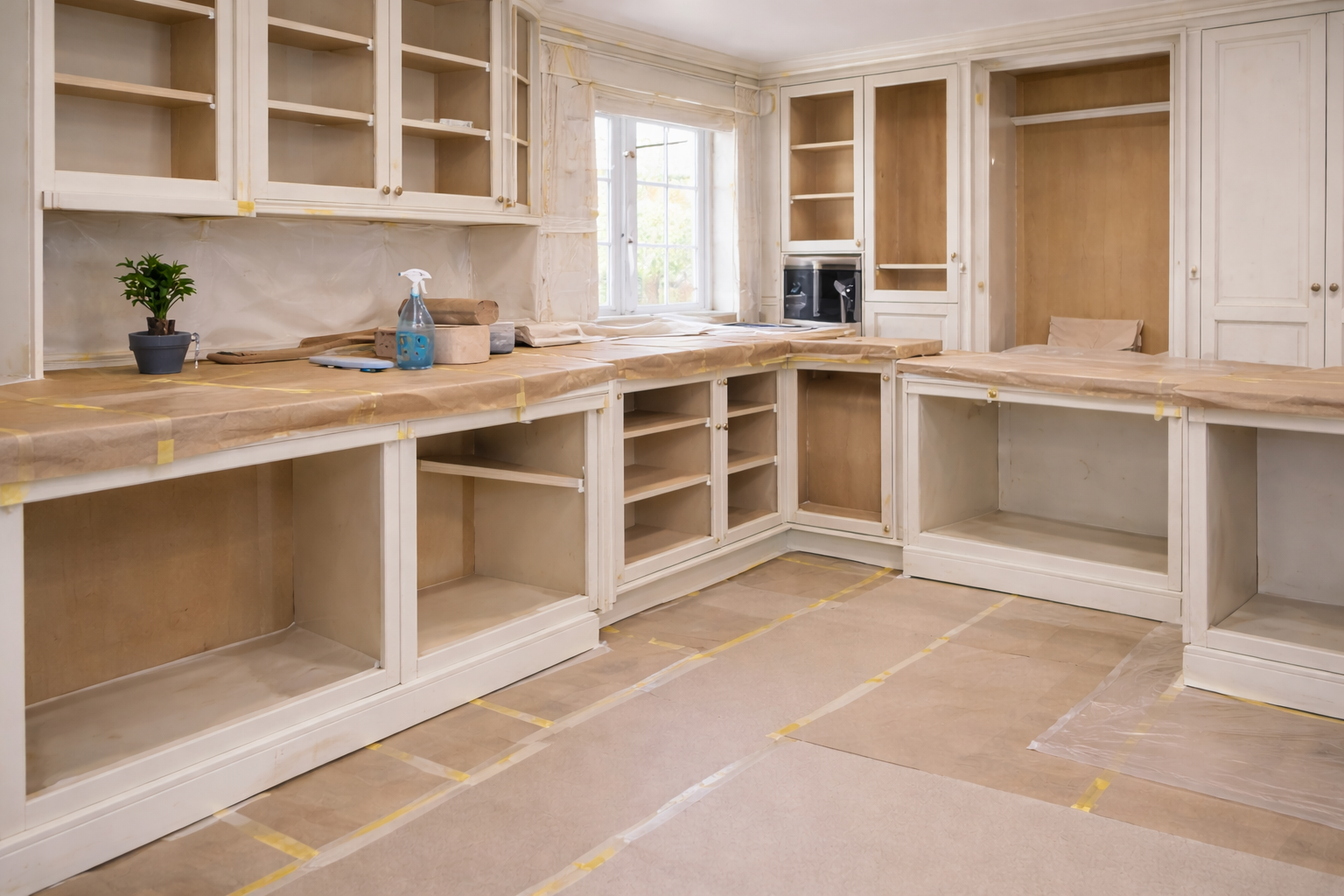 Kitchen fully protected before painting work begins