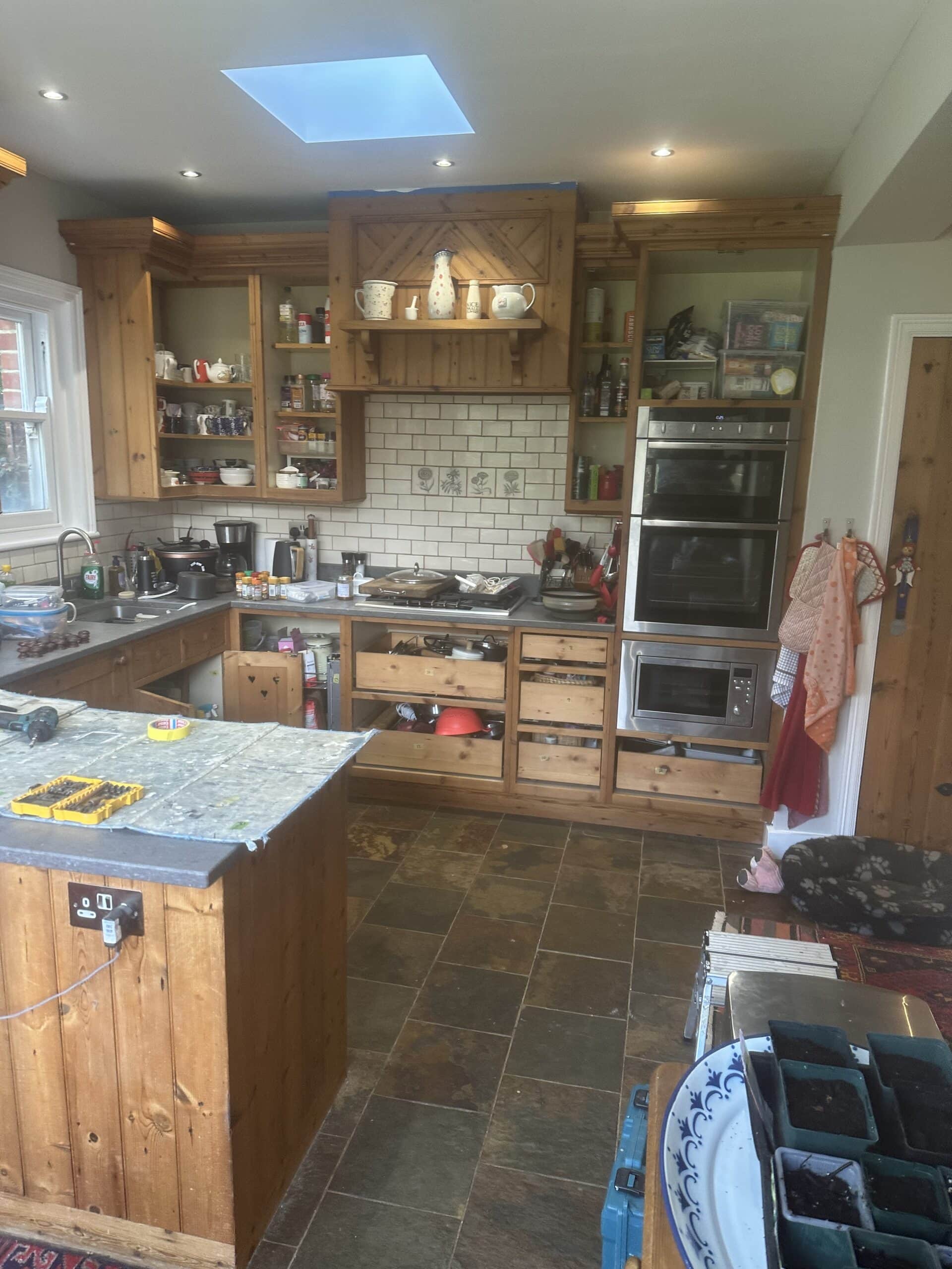 Reclaimed pine kitchen before hand painting in Shenley Hertfordshire