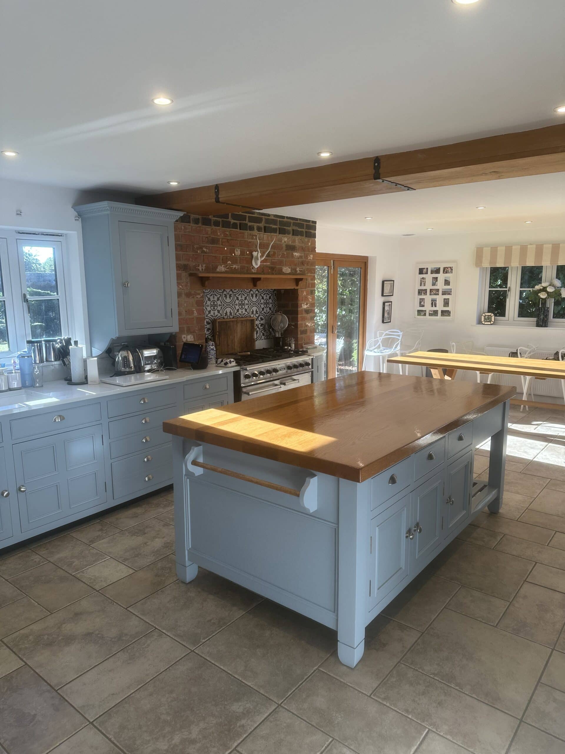 Finished Chalon bespoke Shaker kitchen hand painted in Neptune Flax Blue